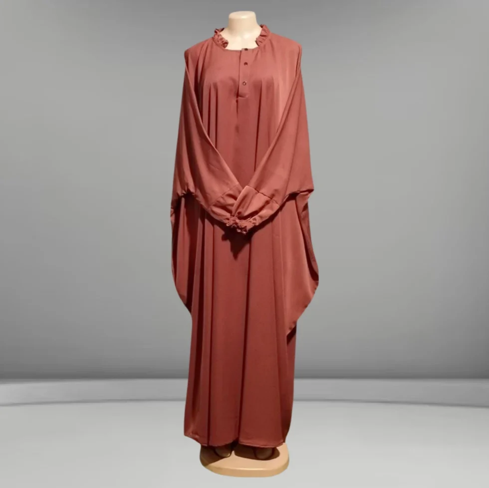Toyeebah kimono-style abaya with elegant draping cowls on each side, modest fashion clothing for women.